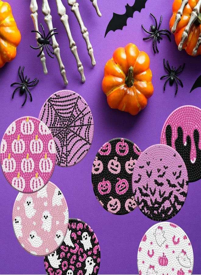 Denylo pro 8 Pcs Halloween Diamond Art Painting Coasters Kits with Holder DIY Pink Halloween Diamond Art Coaster for Adults - Image 4